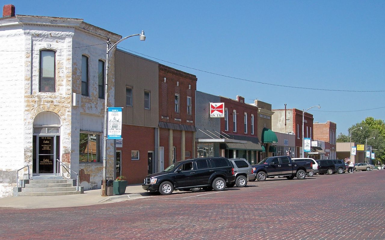South Main Street in downtown Troy, Kansas, in the Doniphan County Courthouse Square Historic District